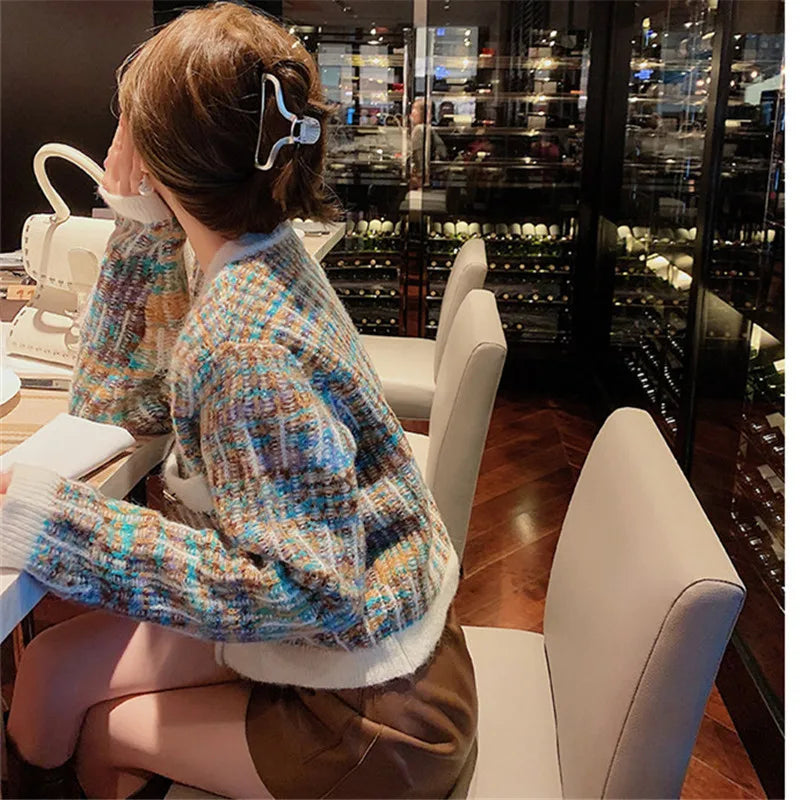 Round Neck Color Matching Knit Autumn Cardigan