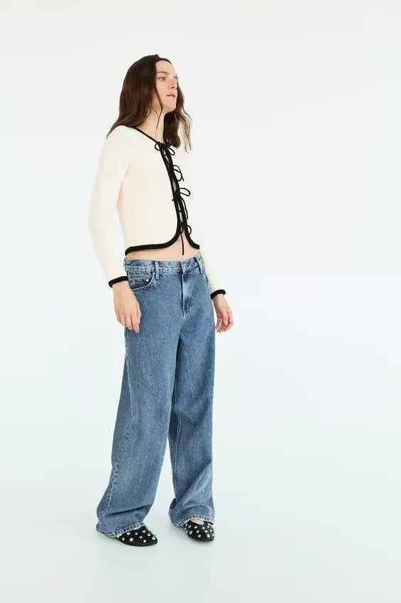 Bow Tie V-neck Long Sleeve Cardigan