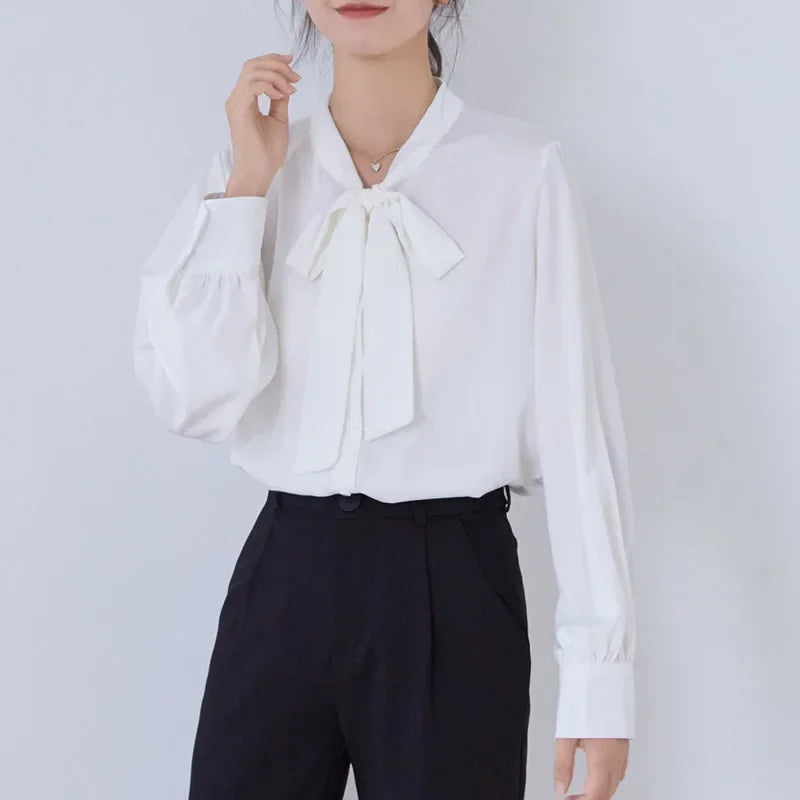 Bow Champagne Satin Long Sleeve Office Lady Blouse