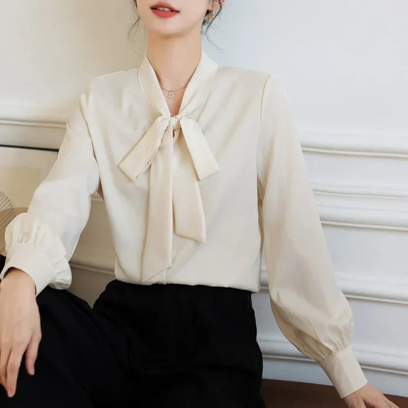 Bow Champagne Satin Long Sleeve Office Lady Blouse