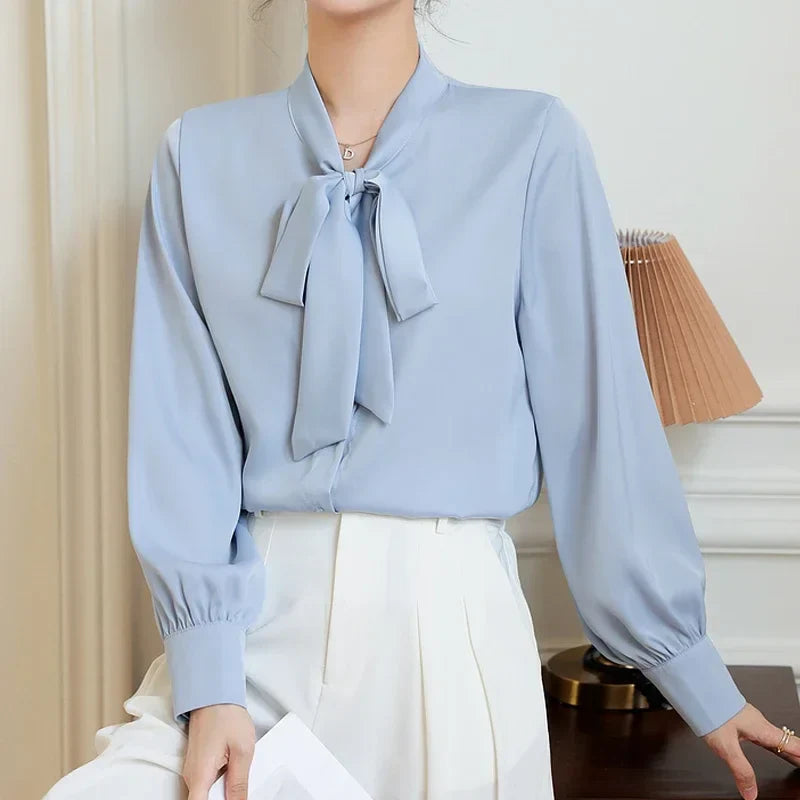 Bow Champagne Satin Long Sleeve Office Lady Blouse