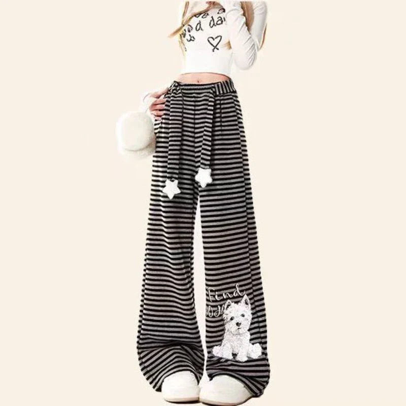 Dog Print Striped Fleece Casual Pants
