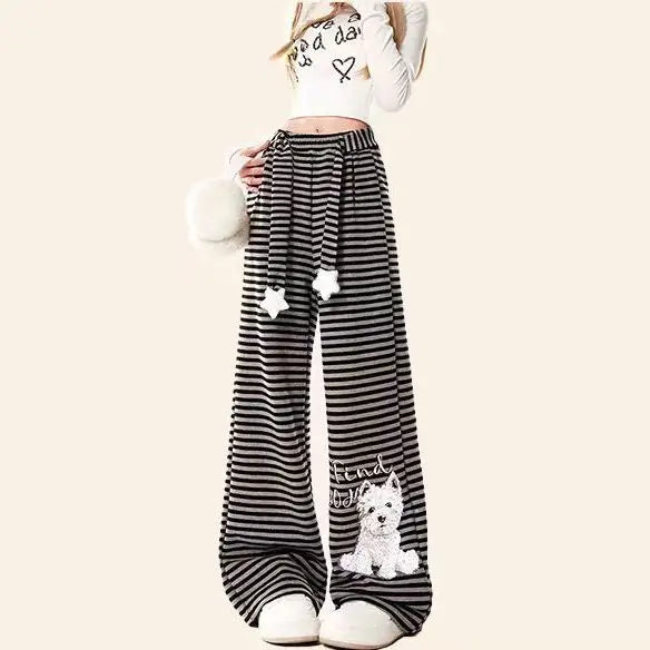 Dog Print Striped Fleece Casual Pants