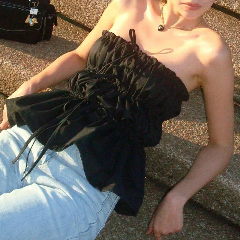 Sweet Ruched Tie Up Off Shoulder Sleeveless Slim Fit Y2K Strapless Crop Top