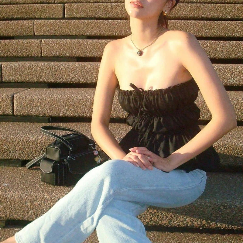 Sweet Ruched Tie Up Off Shoulder Sleeveless Slim Fit Y2K Strapless Crop Top