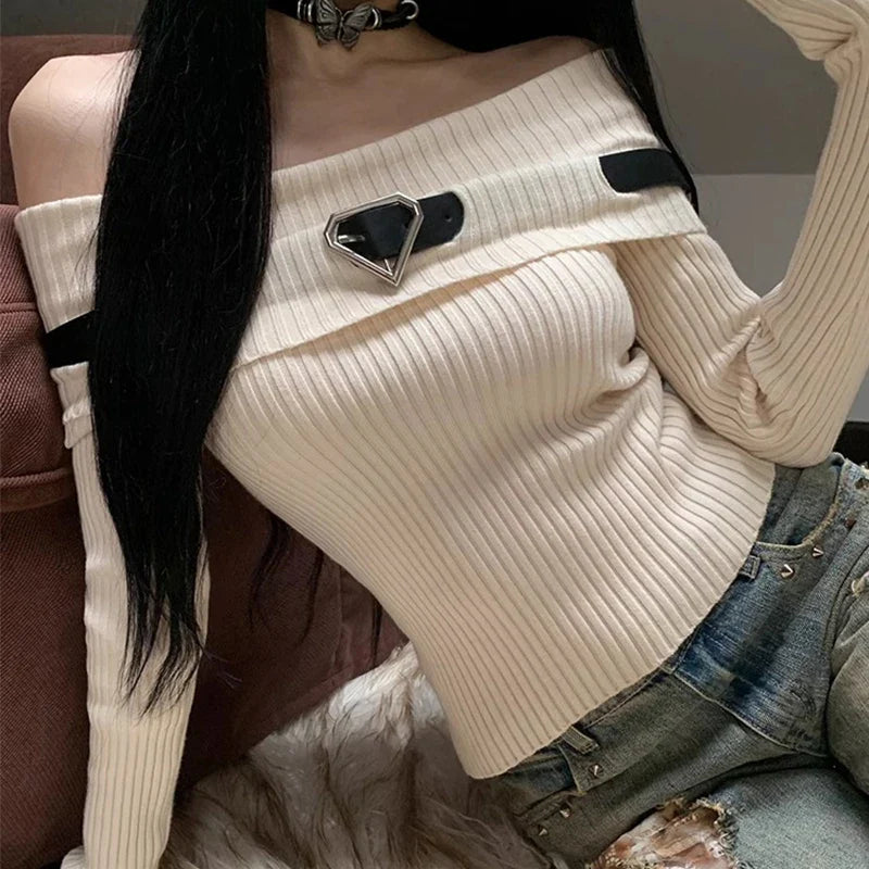 Sweet Off Shoulder Ribbed Crop Long Sleeve Slim Fit Knit Top - Fashionpara