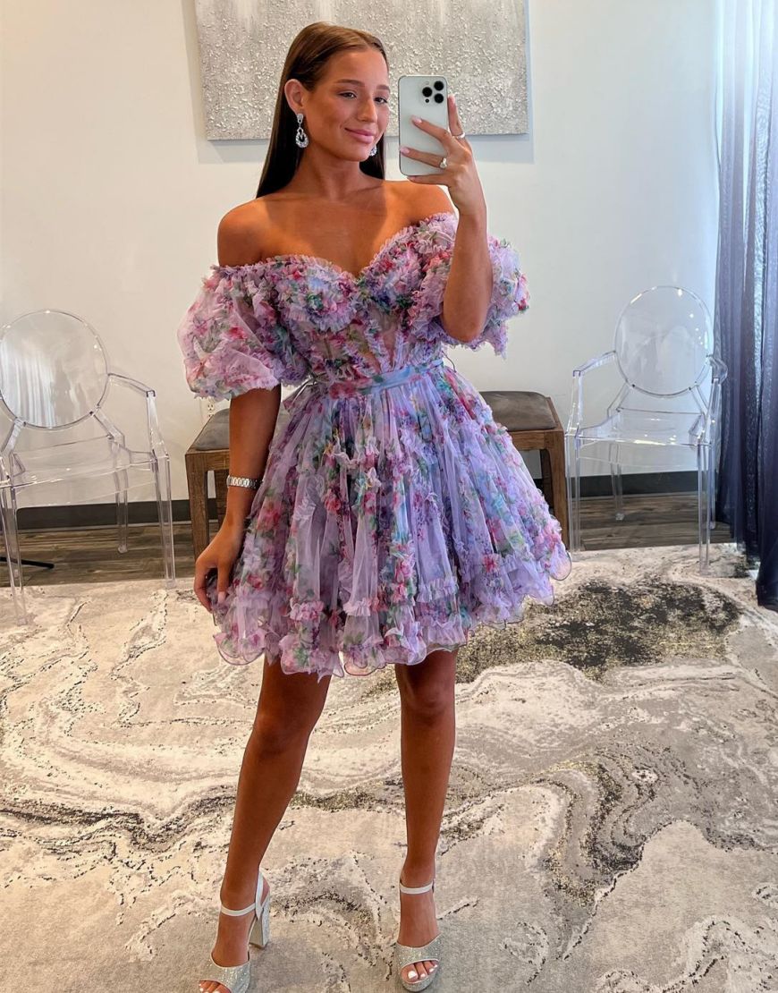 Cute A-Line Off The Shoulder Short Tulle Print Homecoming Dress - Fashionpara