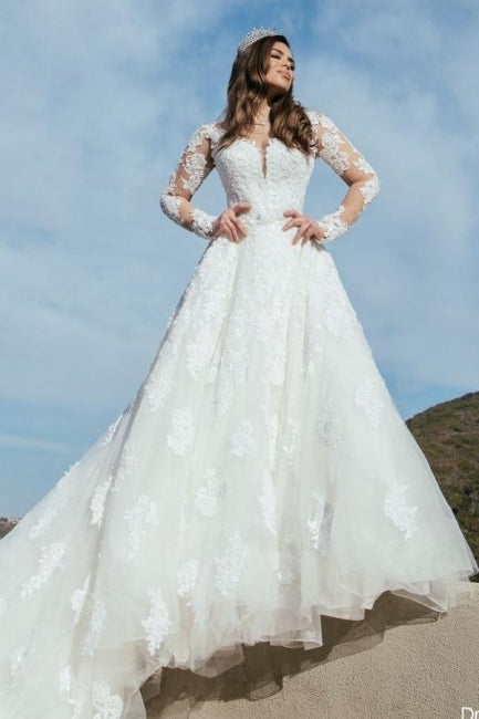 Beautuful A-Line Sweetheart Floor-Length Tulle Wedding Dress with Appliques - Fashionpara