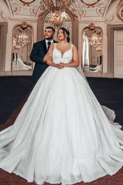 Luxury Sweetheart Ball Gown Straps Stain Wedding Dress with Appliques - Fashionpara