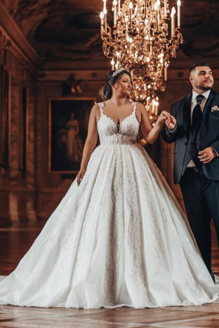 Luxury Sweetheart Ball Gown Straps Stain Wedding Dress with Appliques - Fashionpara