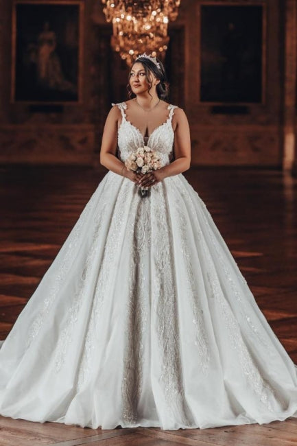 Luxury Sweetheart Ball Gown Straps Stain Wedding Dress with Appliques - Fashionpara