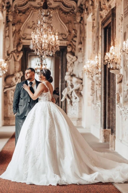 Luxury Sweetheart Ball Gown Straps Stain Wedding Dress with Appliques - Fashionpara