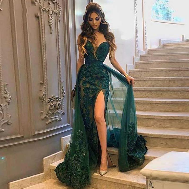 Sweetheart Tulle Side-Split Lace Appliques Mermaid Prom Evening Dresses With Detachable Skirt