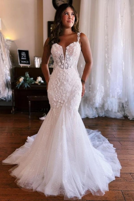 Mermaid Sweetheart White Floor-Length Wedding Dress with Lace - Fashionpara
