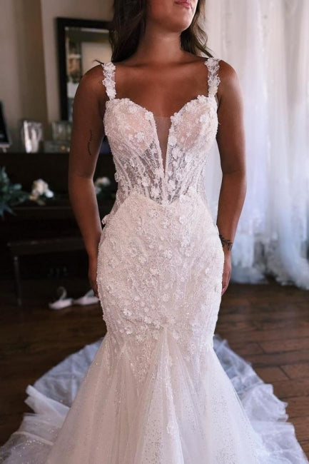 Mermaid Sweetheart White Floor-Length Wedding Dress with Lace - Fashionpara