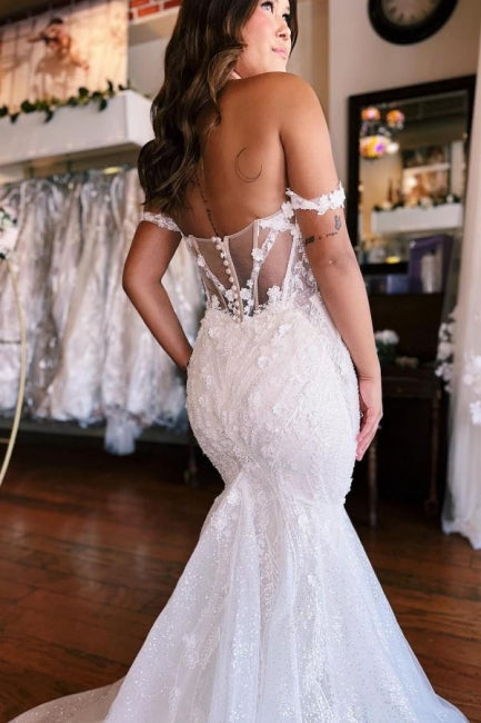 Mermaid Sweetheart White Floor-Length Wedding Dress with Lace - Fashionpara