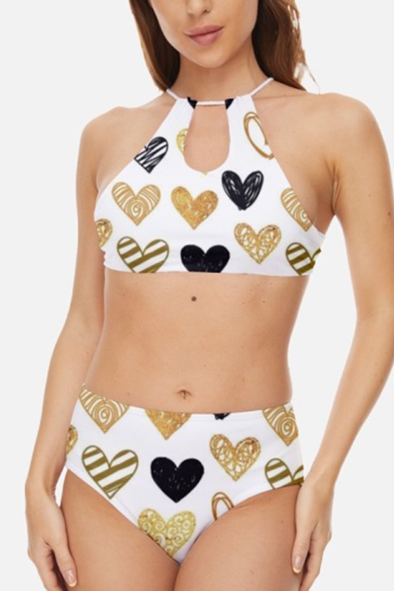 Peach Heart Print Tie-back Bikini Suits