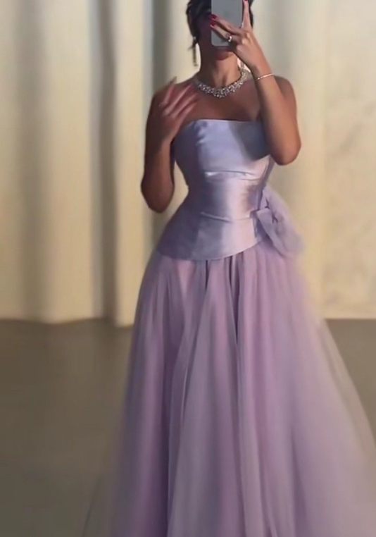 Sweet Strapless Lavender Satin Tulle A Line Long Birthday Party Dress Evening Dress D1812