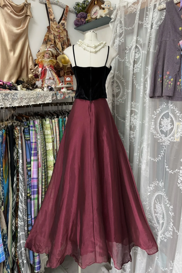 Vintage Burgundy Spaghetti Straps Organza Long Evening Dress Formal Birthday Party Gown D1756