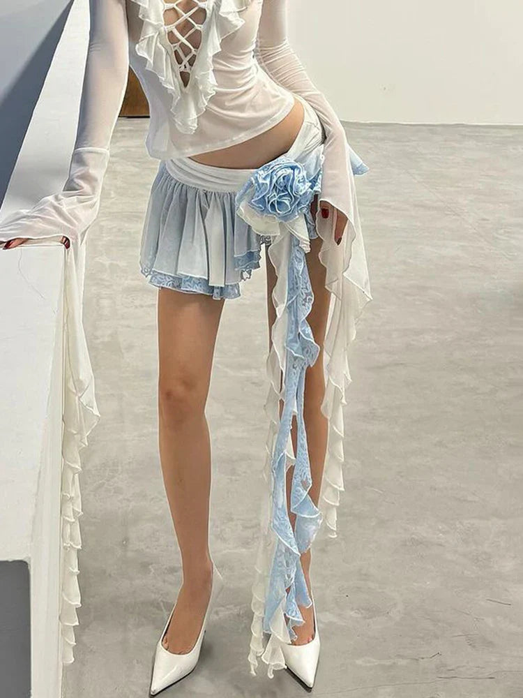 Flower Lace Mini Skirt Asymmetrical Ruffle High Street Skirt