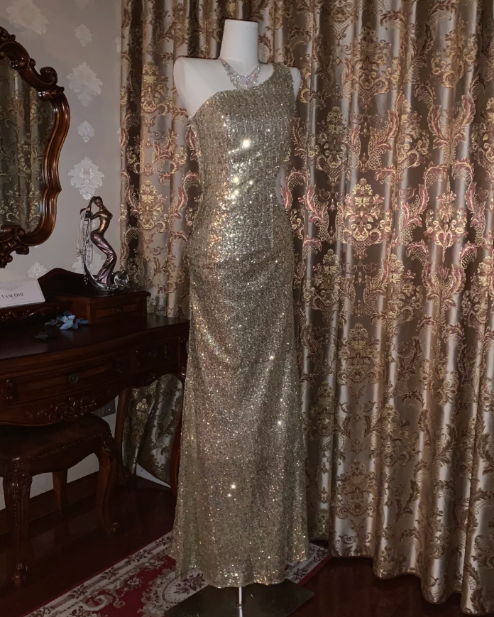 Sparkly Gold One Shoulder Sequin Mermaid Evening Dress Long Party Gown D1722