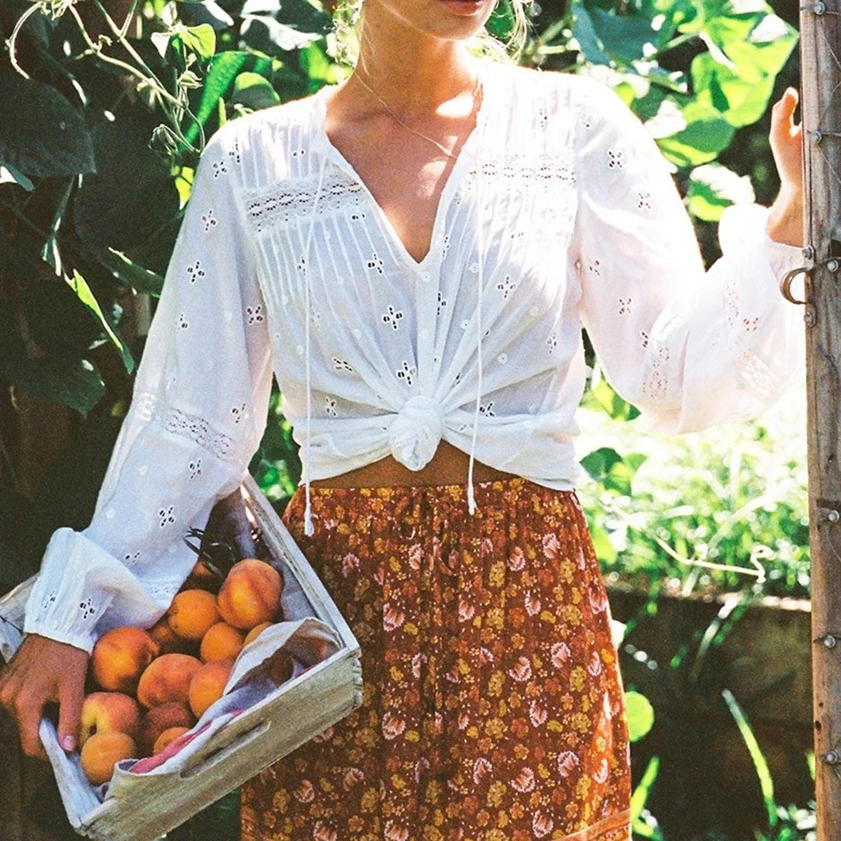 Cotton Floral Embroidery White Lace V-Neck Boho Blouse