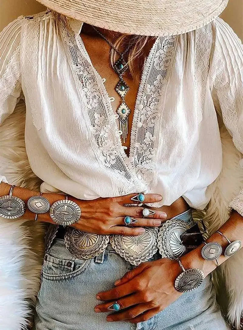 Cotton Floral Embroidery White Lace V-Neck Boho Blouse