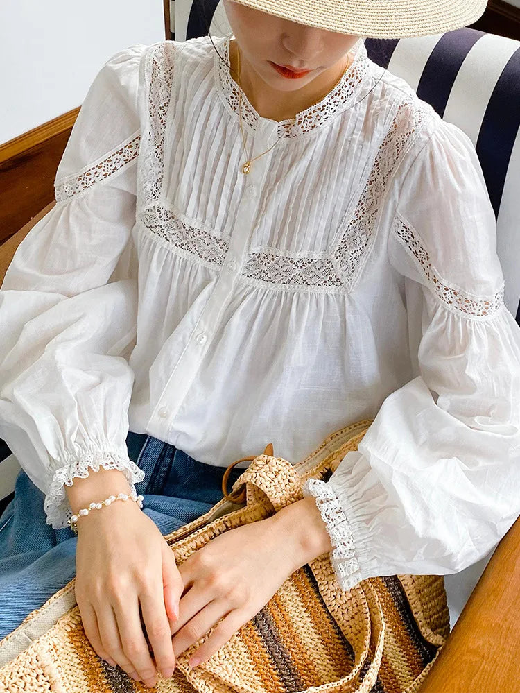 Cotton Floral Embroidery White Lace V-Neck Boho Blouse