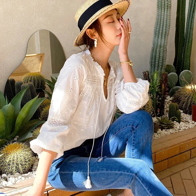 Cotton Floral Embroidery White Lace V-Neck Boho Blouse