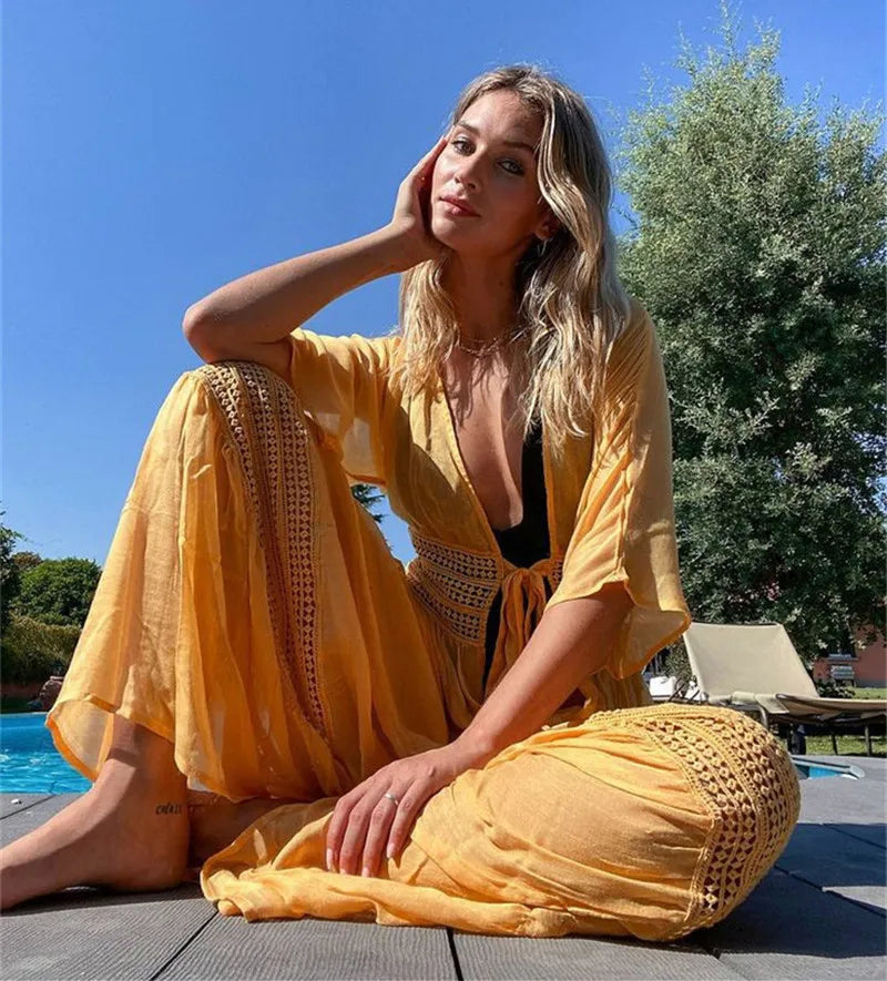 Vintage Deep V-neck White Lace Boho Bikini Cover Up