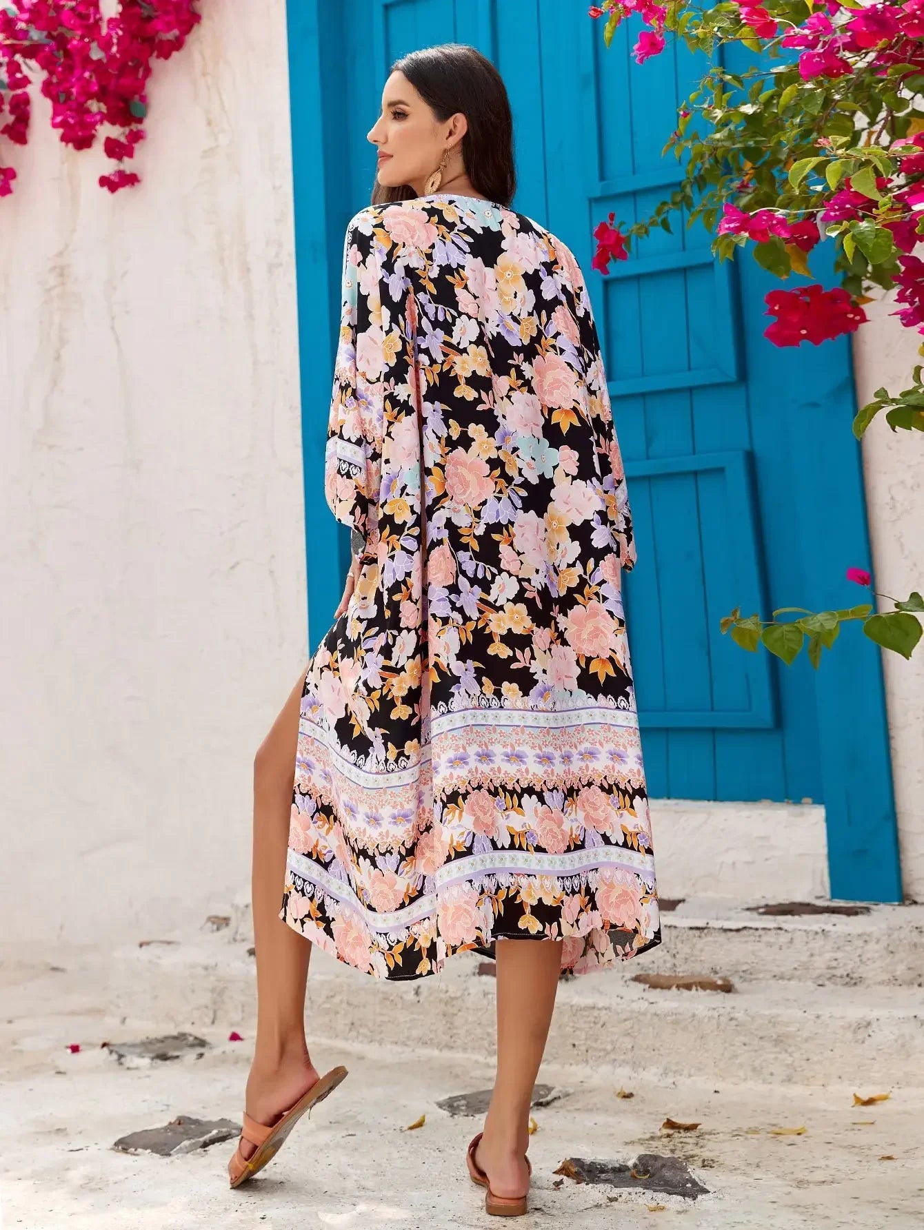 Cotton Rayon Floral Print Long Sleeve Boho Cover up