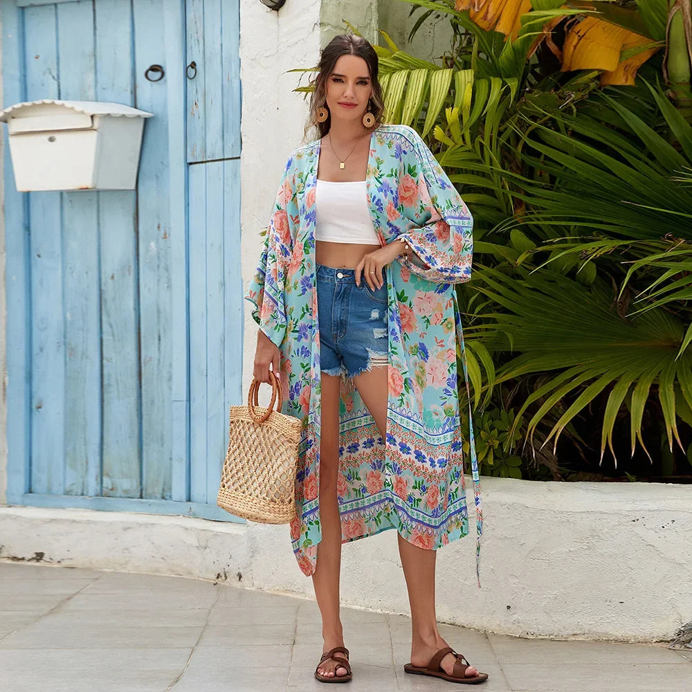 Cotton Rayon Floral Print Long Sleeve Boho Cover up