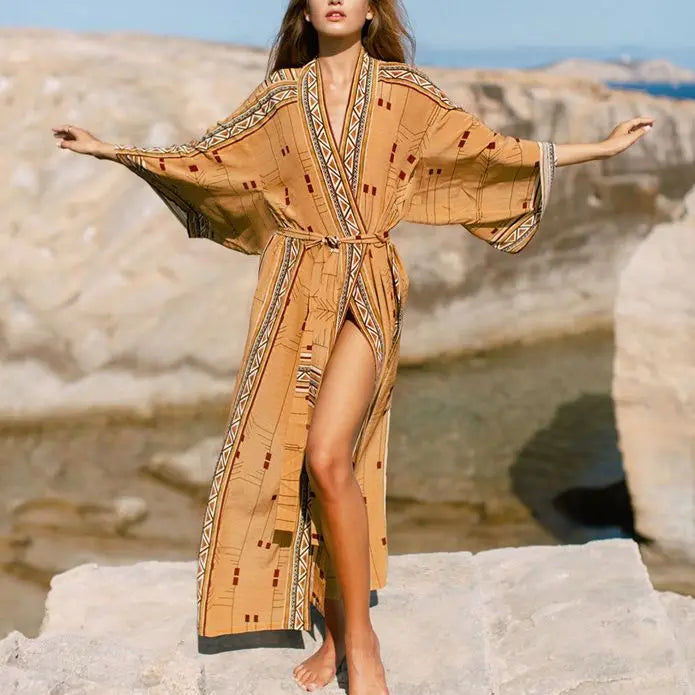Elegant Cotton Ethnic Print Kimono Cardigan for Beach Days