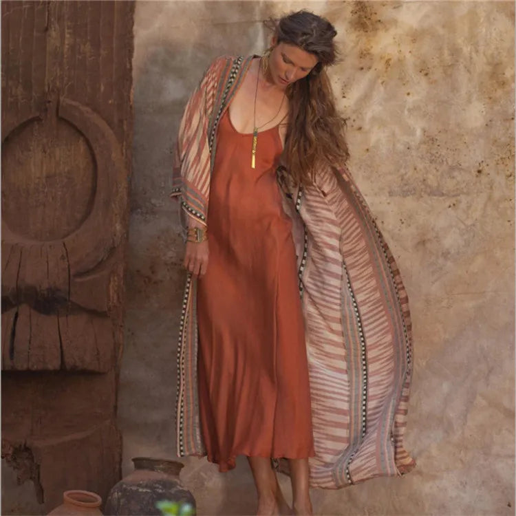 Orange Floral Cotton Kimono Beach Cover up Boho - Fashionpara