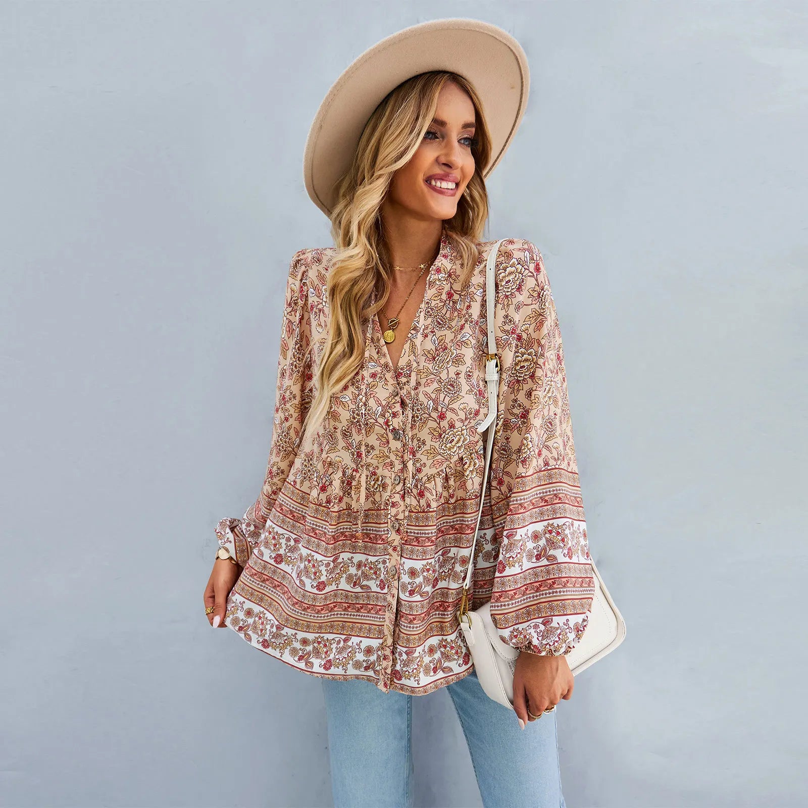 Floral Print Button-Up Long Sleeve Boho Blouse