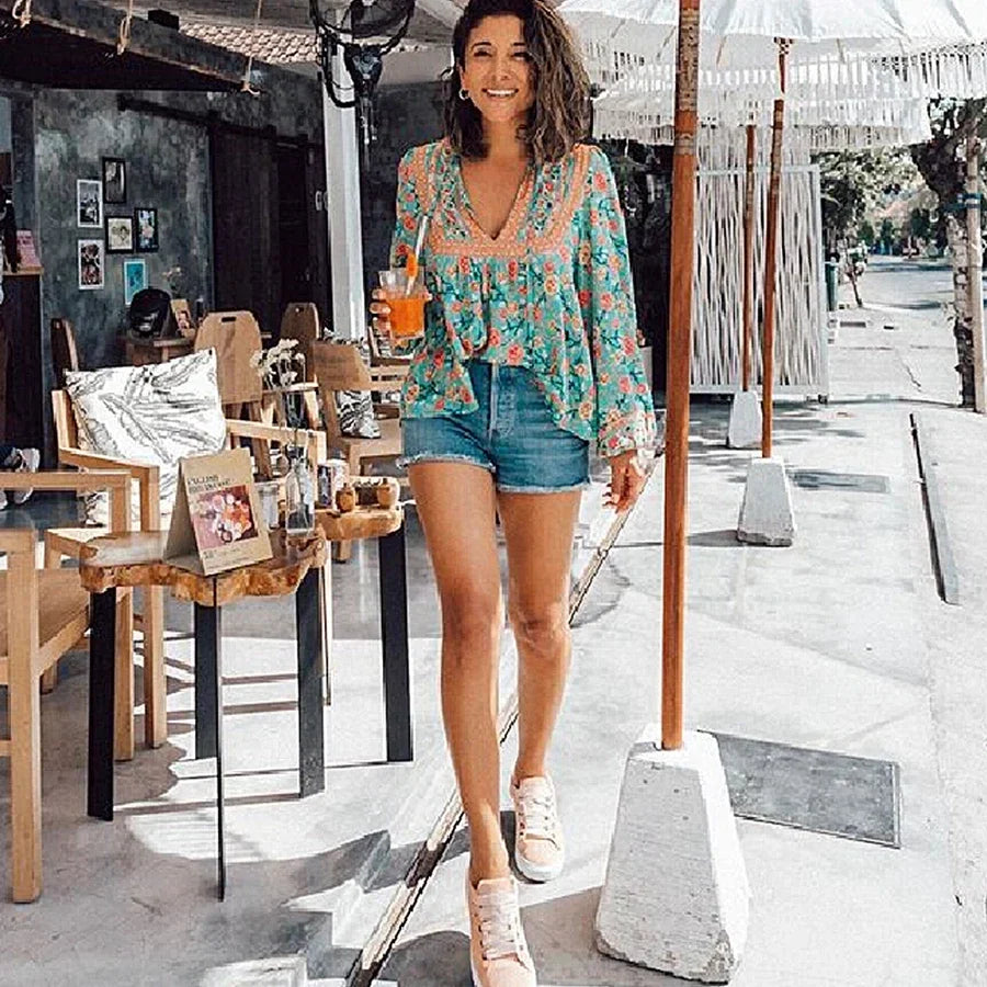 Cotton Red Floral Print Lantern Sleeve Boho Blouse