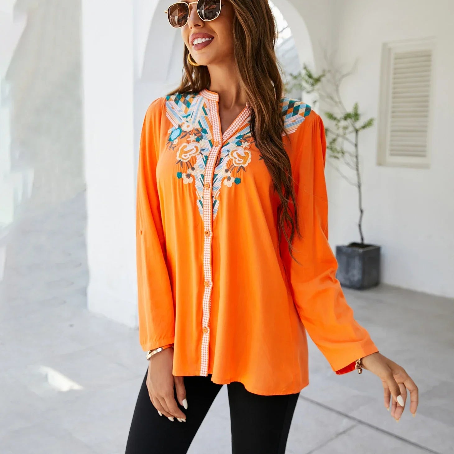 Casual Floral Embroidery Oversize Cotton Long Sleeve Boho Blouse