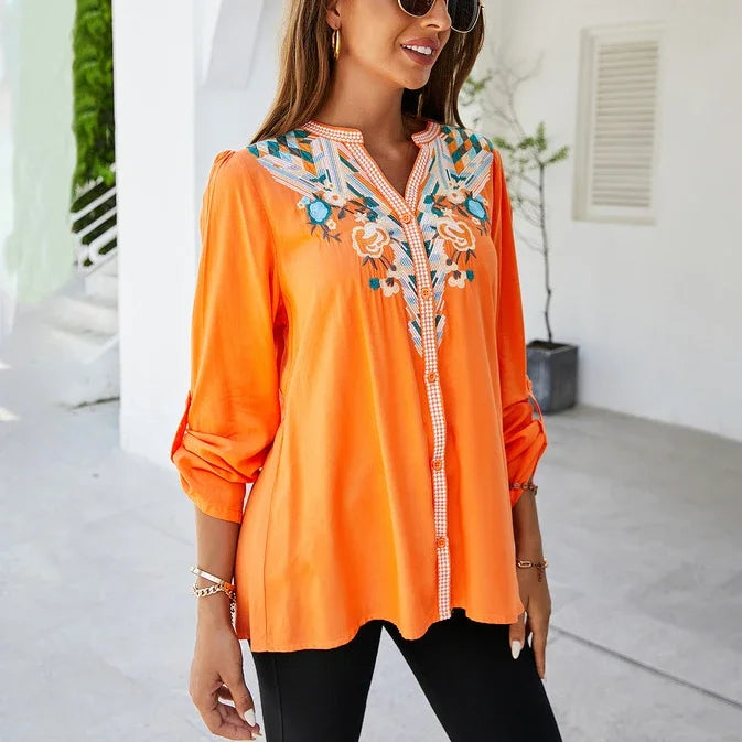Casual Floral Embroidery Oversize Cotton Long Sleeve Boho Blouse