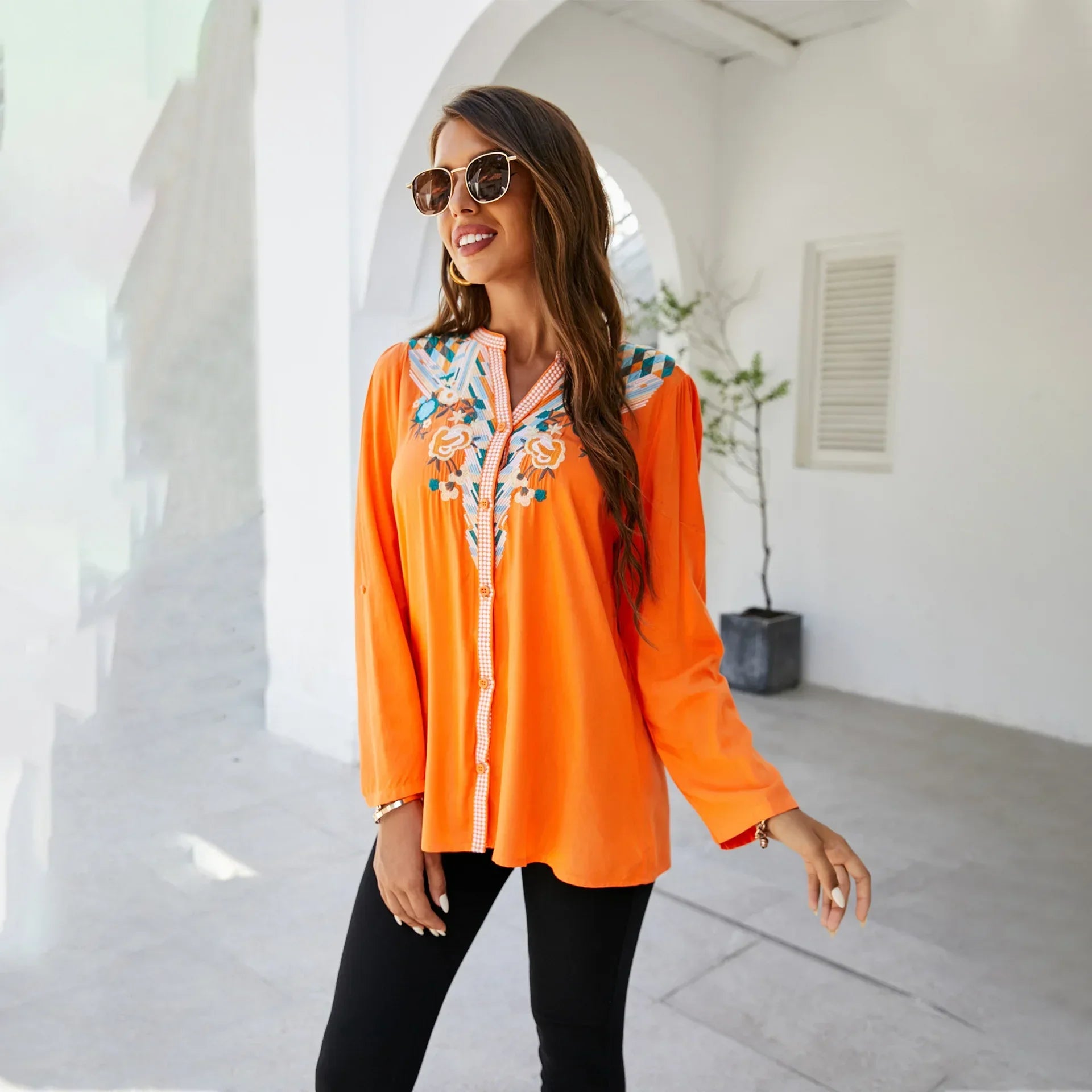 Casual Floral Embroidery Oversize Cotton Long Sleeve Boho Blouse