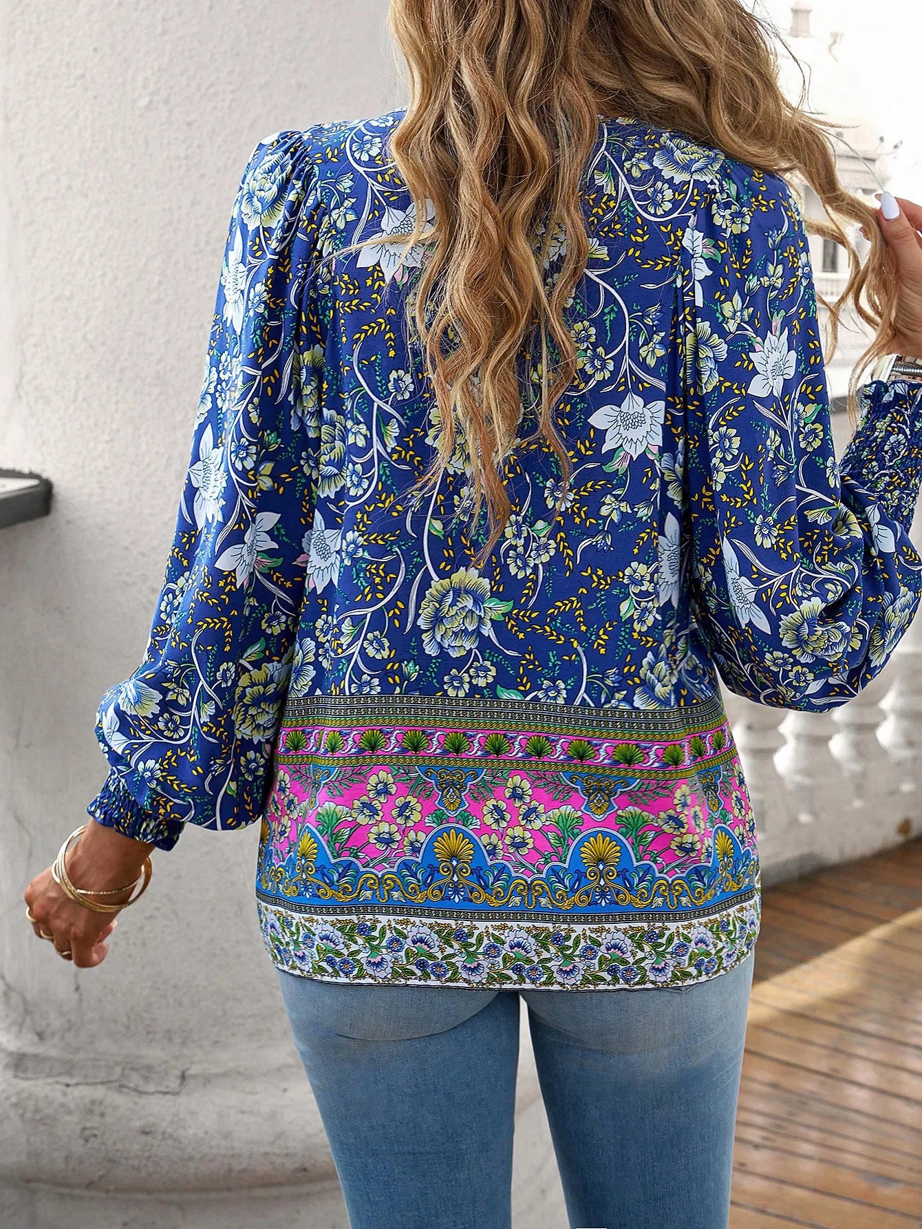 Casual V-Neck Floral Print Long Sleeve Boho Blouse