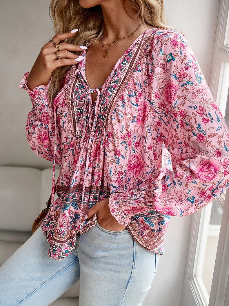 Casual V-Neck Floral Print Long Sleeve Boho Blouse