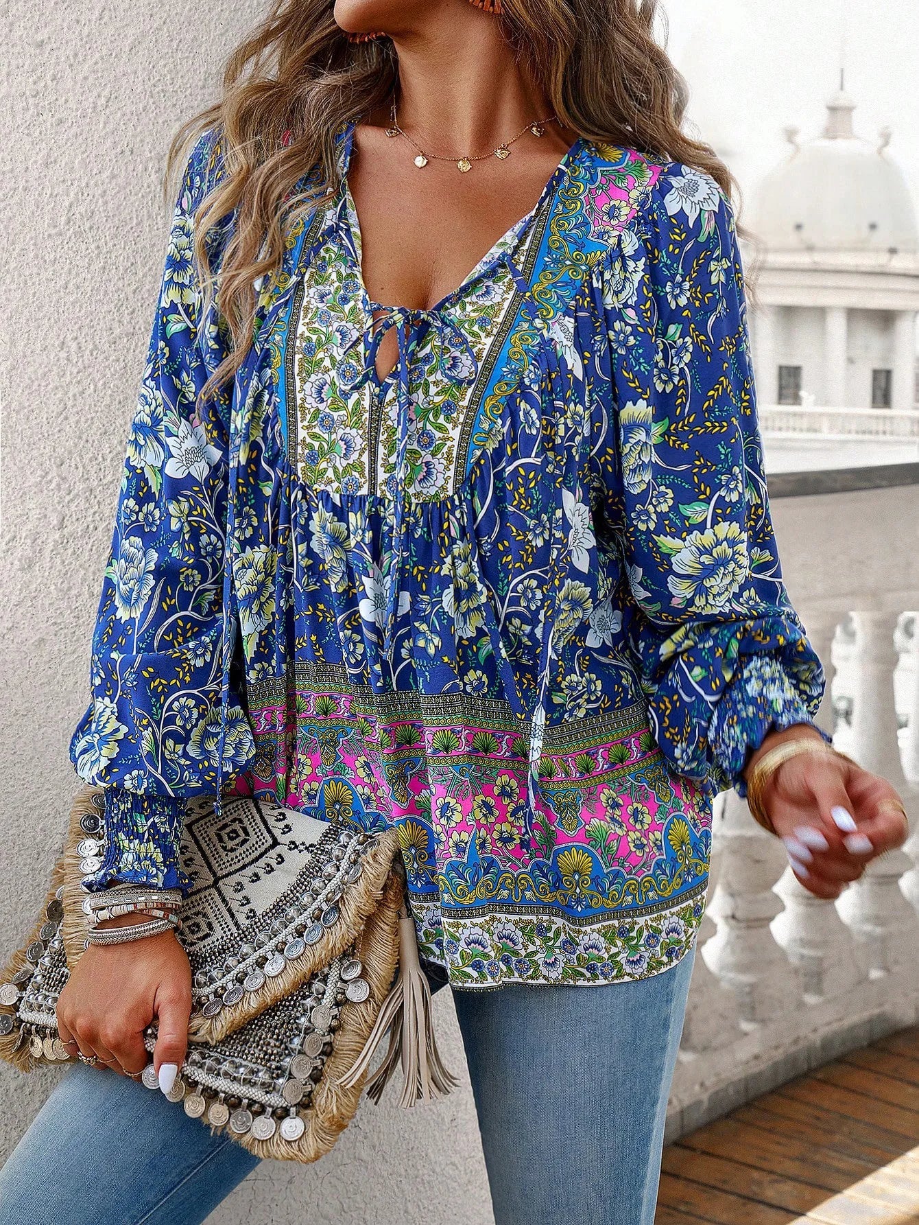 Casual V-Neck Floral Print Long Sleeve Boho Blouse