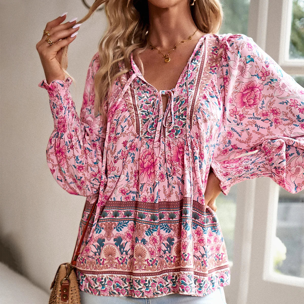 Casual V-Neck Floral Print Long Sleeve Boho Blouse