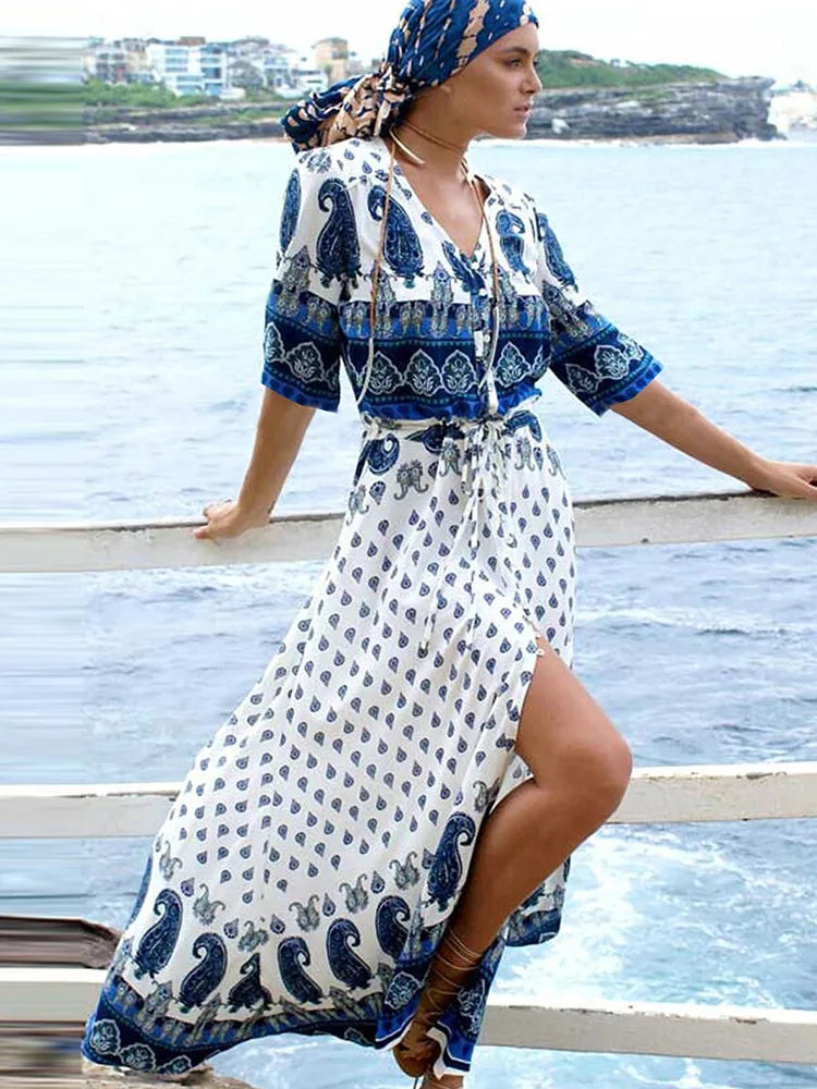 Cotton Kimono Floral Printed Boho Beach Cover Up