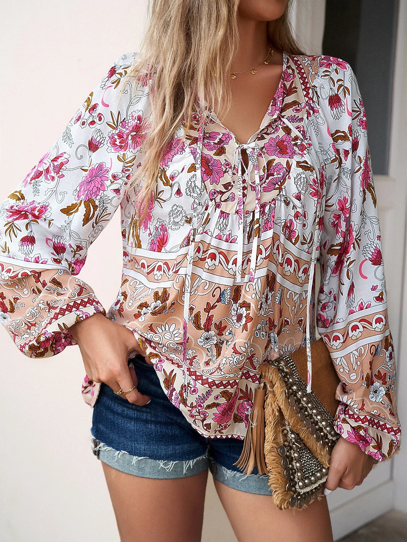 Cotton Rayon Floral Printed Long Sleeve Beach Boho Blouse