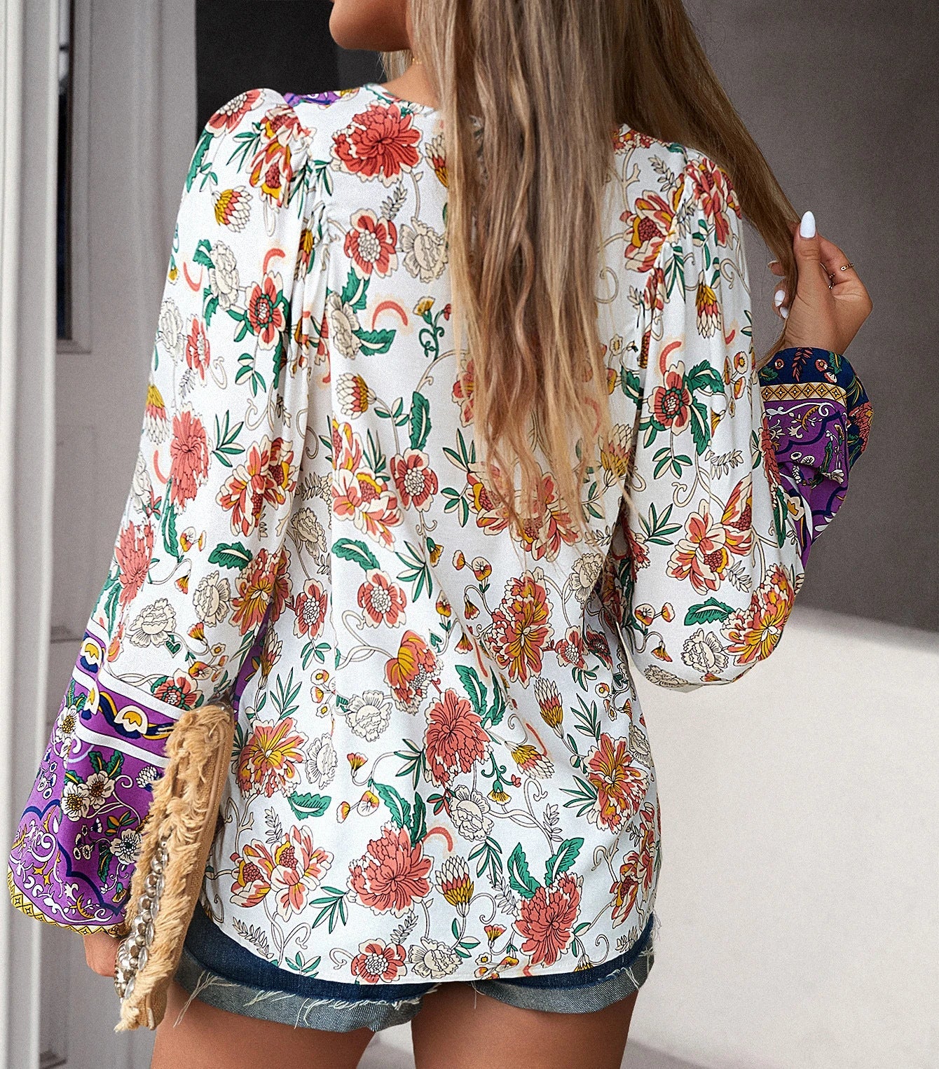 Cotton Rayon Floral Printed Long Sleeve Beach Boho Blouse