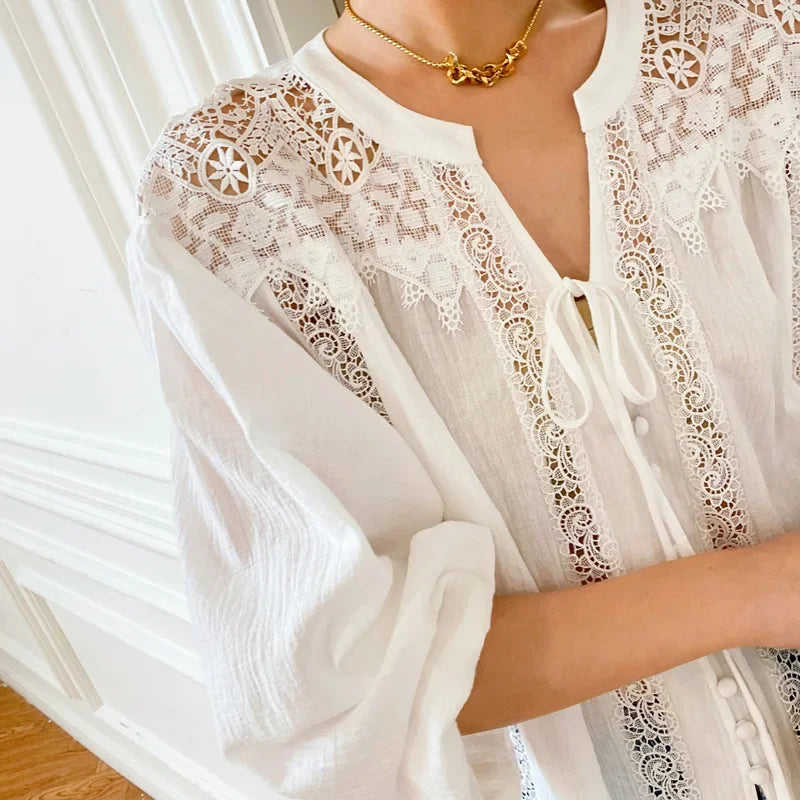 Cotton White Lace Lantern Sleeve Oversize Boho Blouse