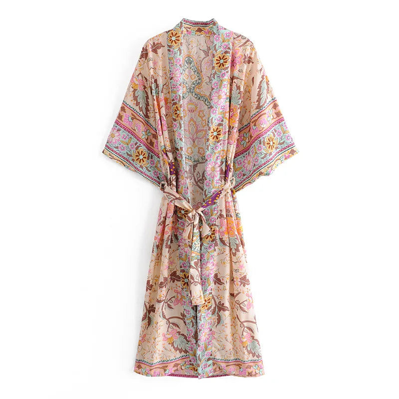 Long Boho Kaftan Rayon Floral Print Bikini Cover Up