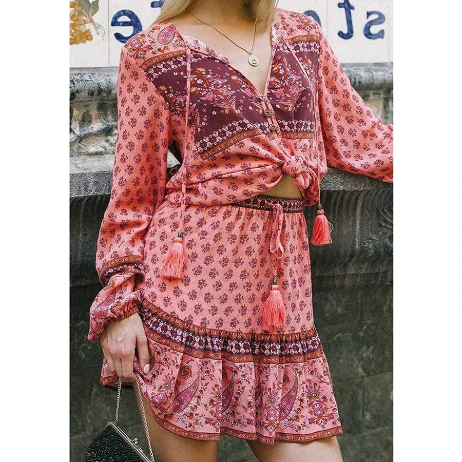 Long Sleeve Floral Print V-Neck Tassel Boho Blouse