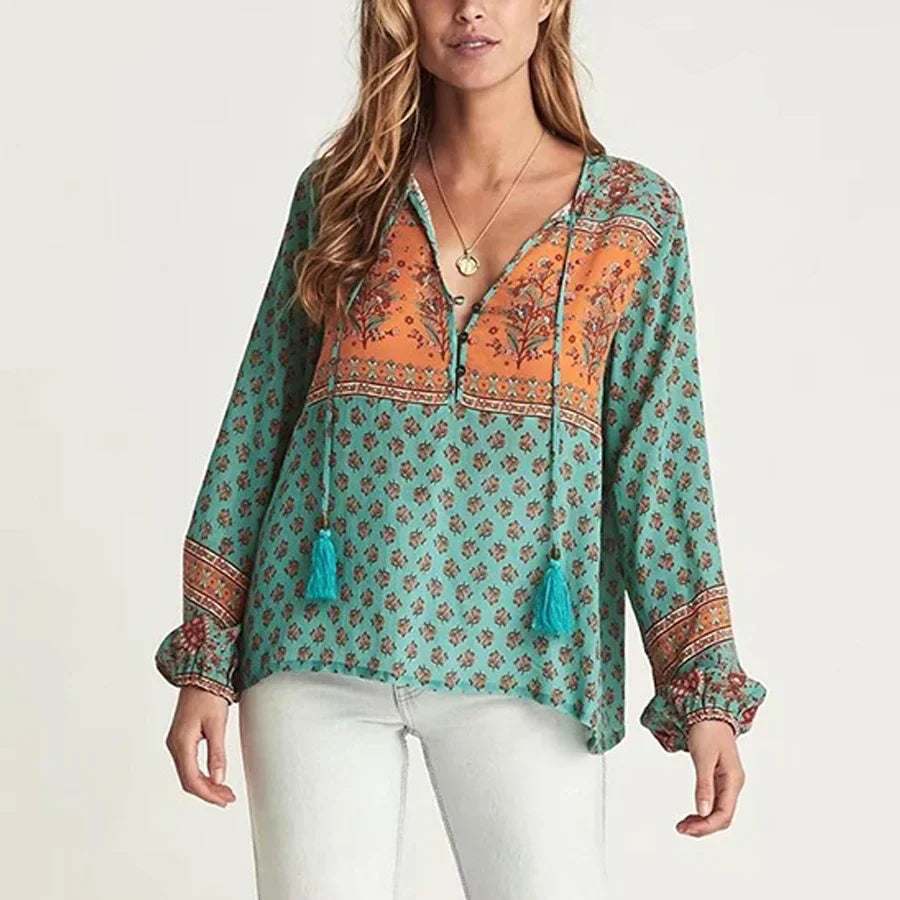 Long Sleeve Floral Print V-Neck Tassel Boho Blouse